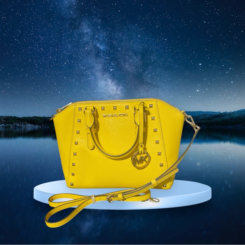 Michael Kors Yellow Studded Satchel with Gold Hardware